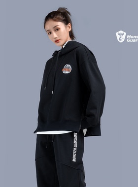 Monster Guardians 女子圆领加绒卫衣黑色宽松显瘦连帽运动卫衣