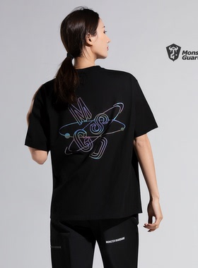 Monster Guardians 黑色显瘦运动T恤女 潮流炫光印花健身短袖宽松