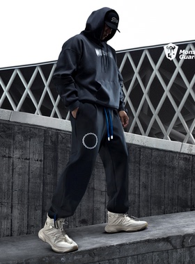 Monster Guardians 黑色宽松空气层训练长裤男休闲运动直筒束脚裤