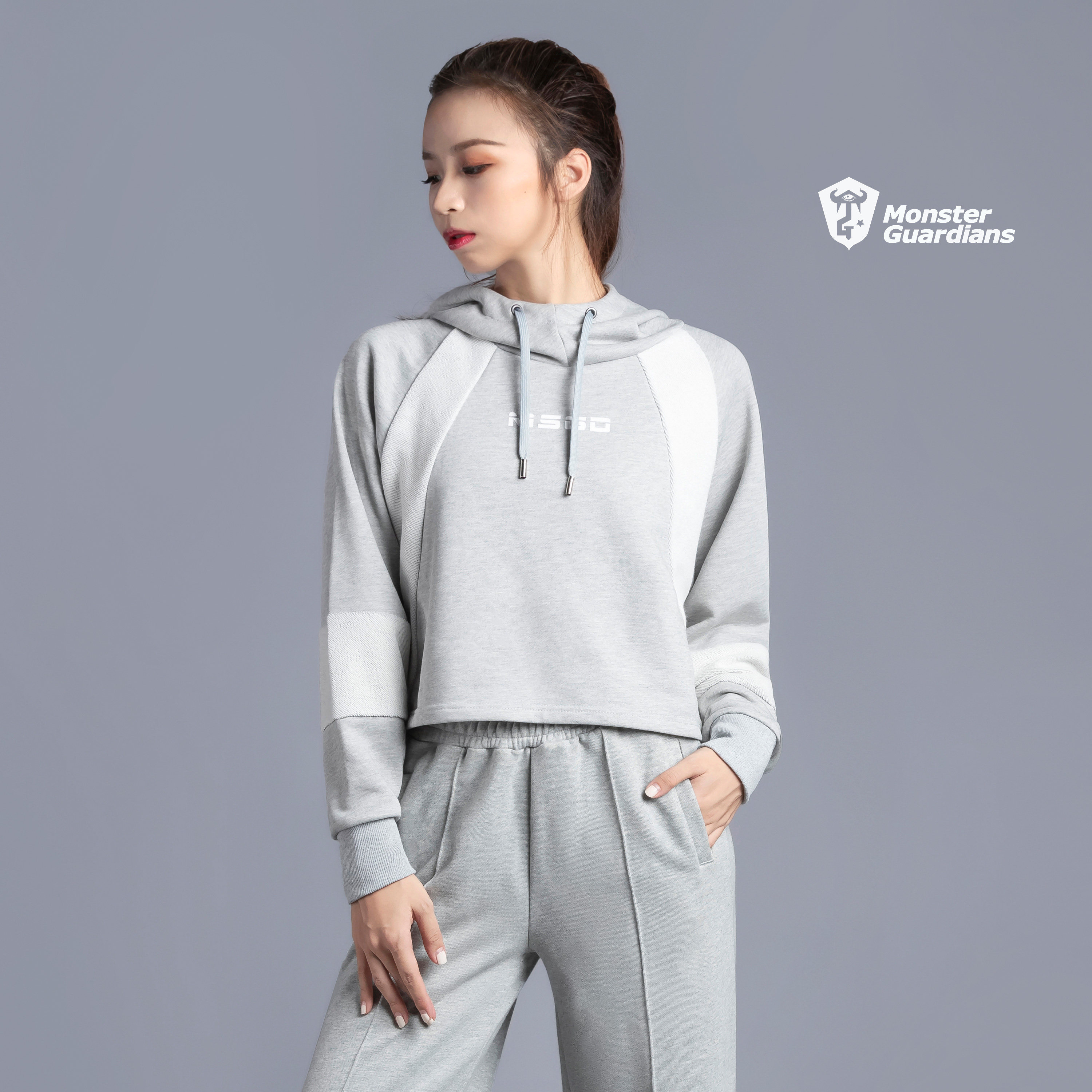 Monster Guardians 女子灰色毛圈带帽运动休闲套头衫纯棉毛圈卫衣