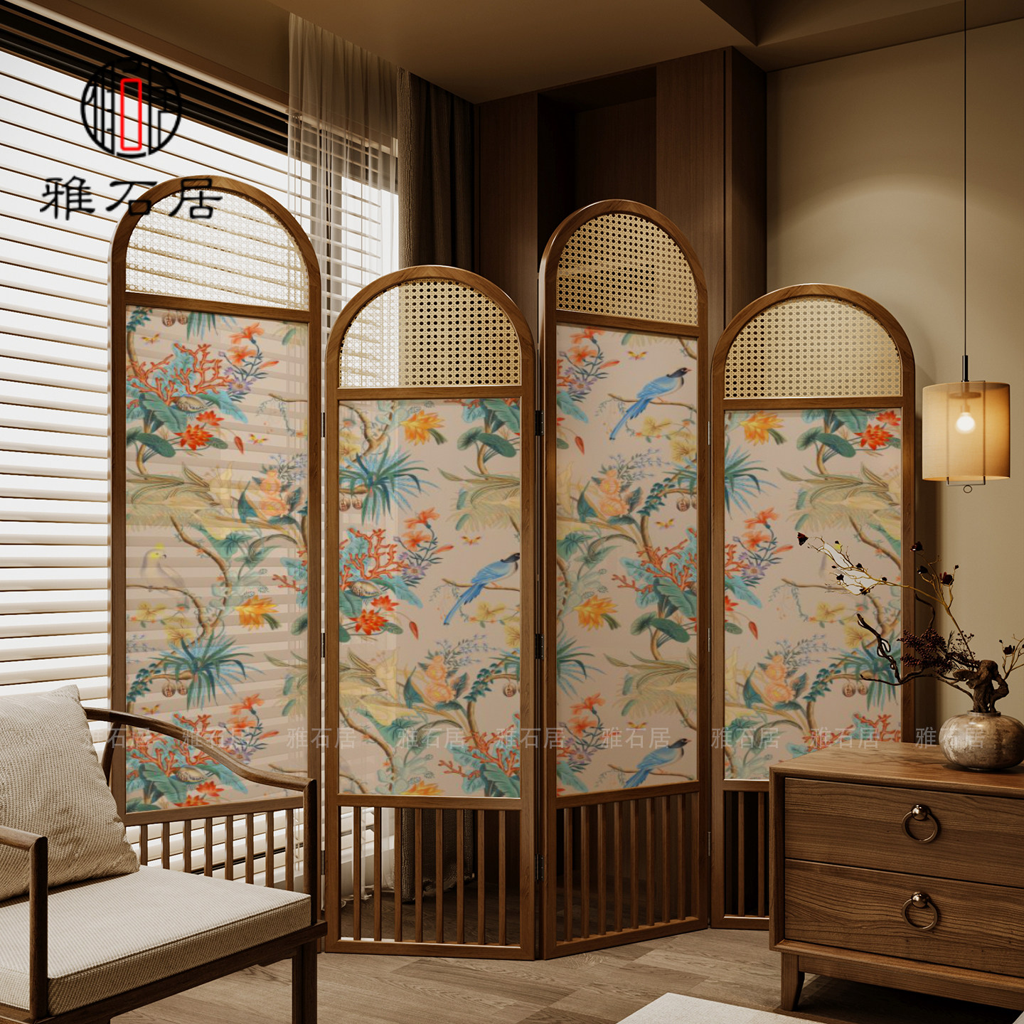 新中式藤编实木屏风隔断客厅茶室沙发背景墙装饰折叠移动花鸟折屏