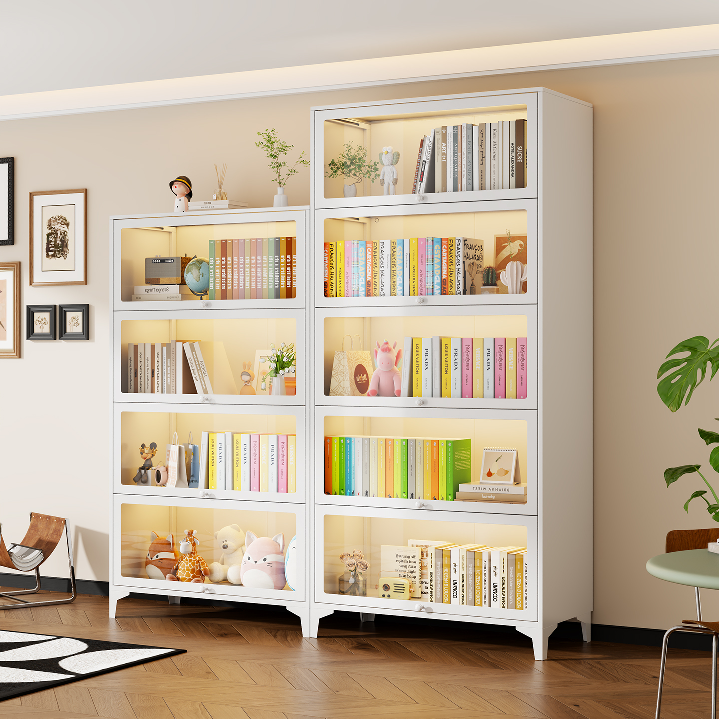 钢制书柜带门玻璃书架落地防尘铁皮模型展示柜家用收纳柜收纳柜子