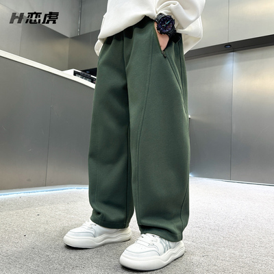 男童裤子秋2025新款儿童休闲裤冬加厚男孩弯刀裤男大童卫裤一体绒