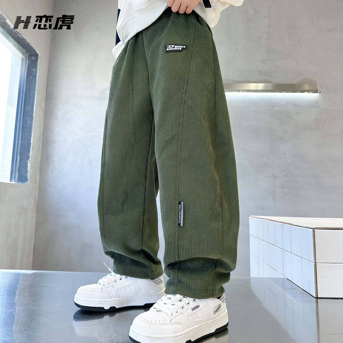 男童加绒裤子秋冬款儿童运动裤男孩一体绒男宝月牙弯刀裤大童长裤