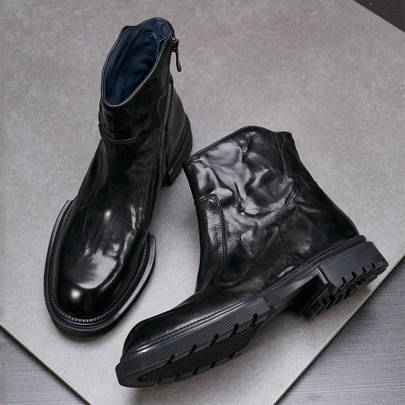 马丁靴男2025冬季复古高帮男靴棕色真皮厚底拉链切尔西靴户外靴子