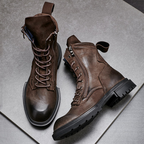秋冬牛皮高帮马丁靴男拉链圆头