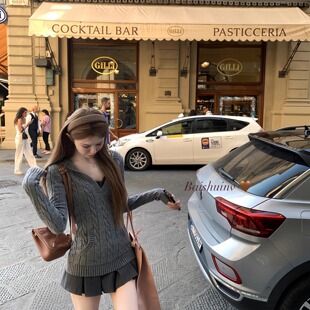 白水女 博尔盖塞公园 V领麻花针织衫女初秋收腰显瘦气质连帽上衣