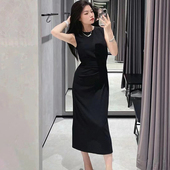 显瘦开叉长款 连衣裙M0725607 小黑裙 圆领无袖 2024春夏新品 女装