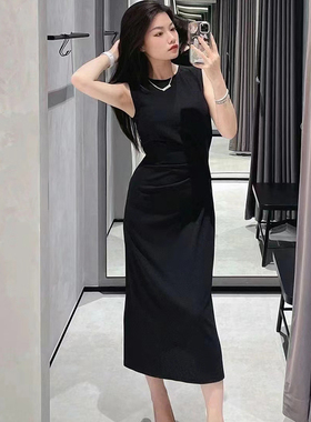 Th 2024春夏新品女装小黑裙 圆领无袖显瘦开叉长款连衣裙M0725607