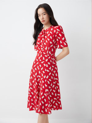LK英国王妃2022新款蝴蝶结收腰显瘦气质红色真丝法式连衣裙夏季女