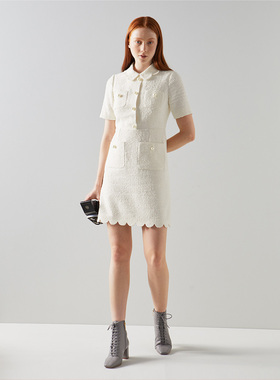 LK女装 英国2022秋季新款 短袖收腰法式白色珍珠扣小香风连衣裙