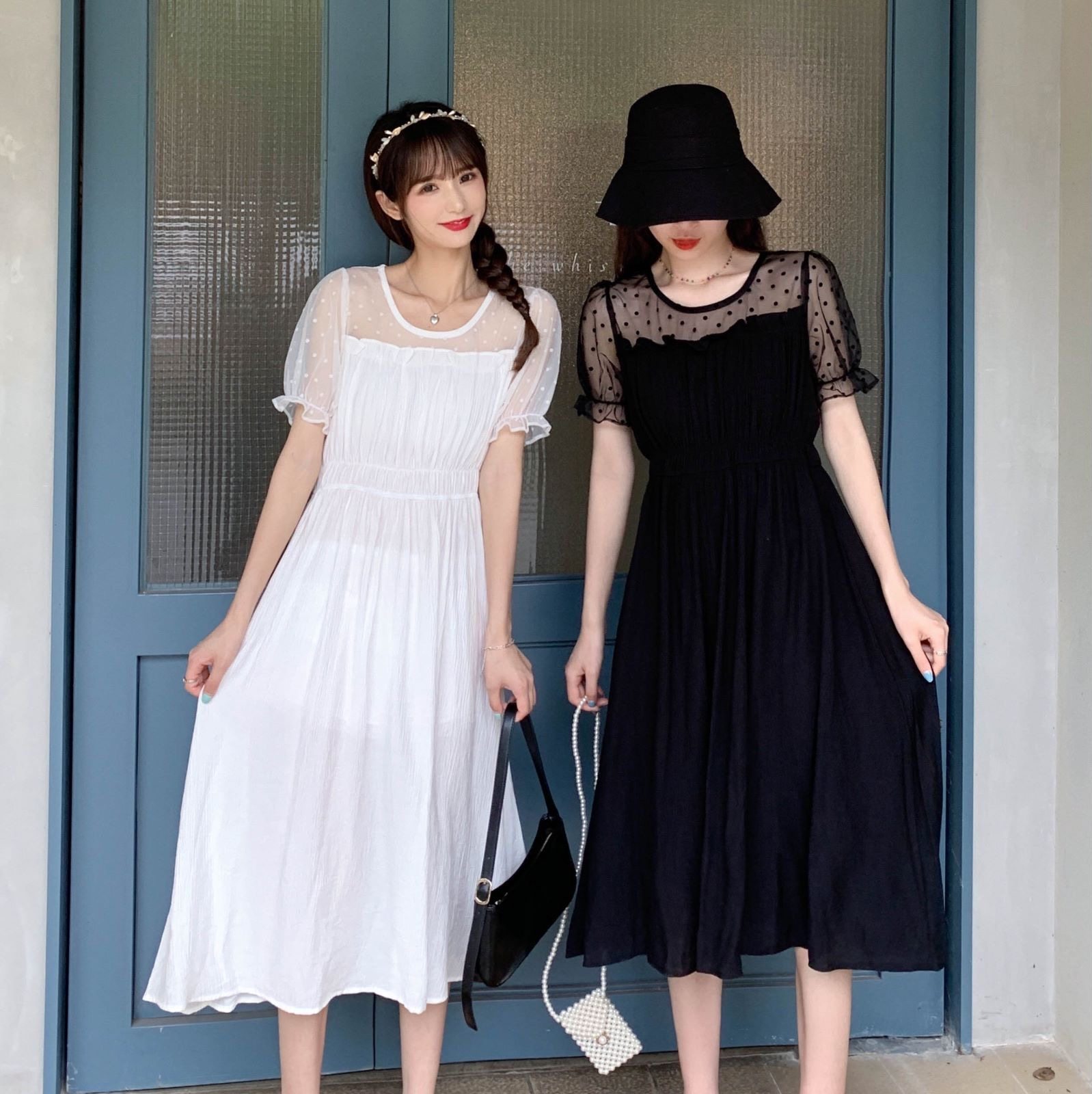 Real price Korean retro age reducing sweet wave dot mesh dress with slim and sexy backless suspender