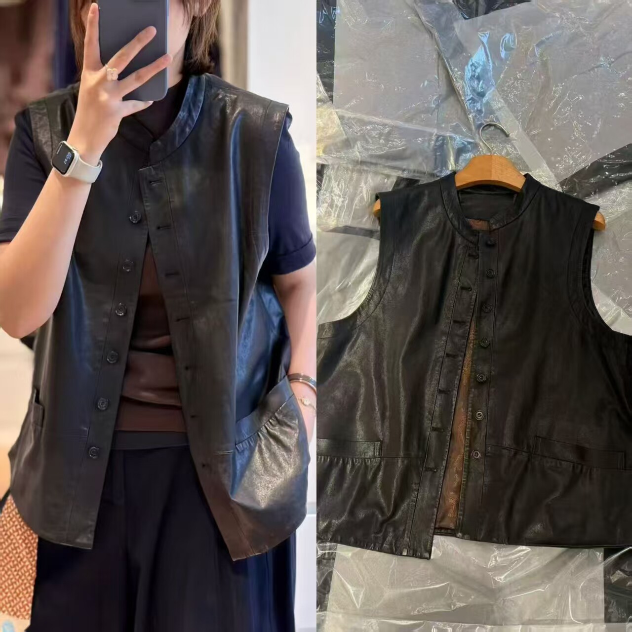 欧洲站 黑色无袖皮质马甲女圆领单排扣简约高级感背心外套K