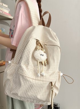 复古港风格子双肩包女2025新款大容量初中大学生书包旅行电脑背包