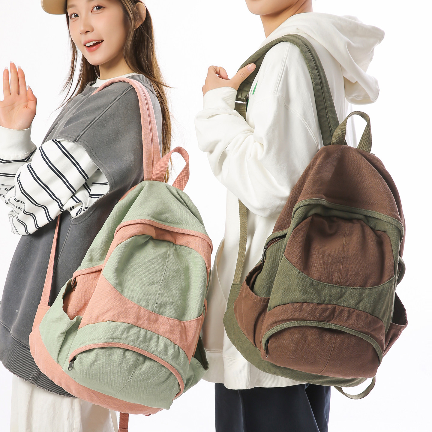 复古港风撞色帆布双肩包男女高中大学生书包大容量轻便做旧布背包