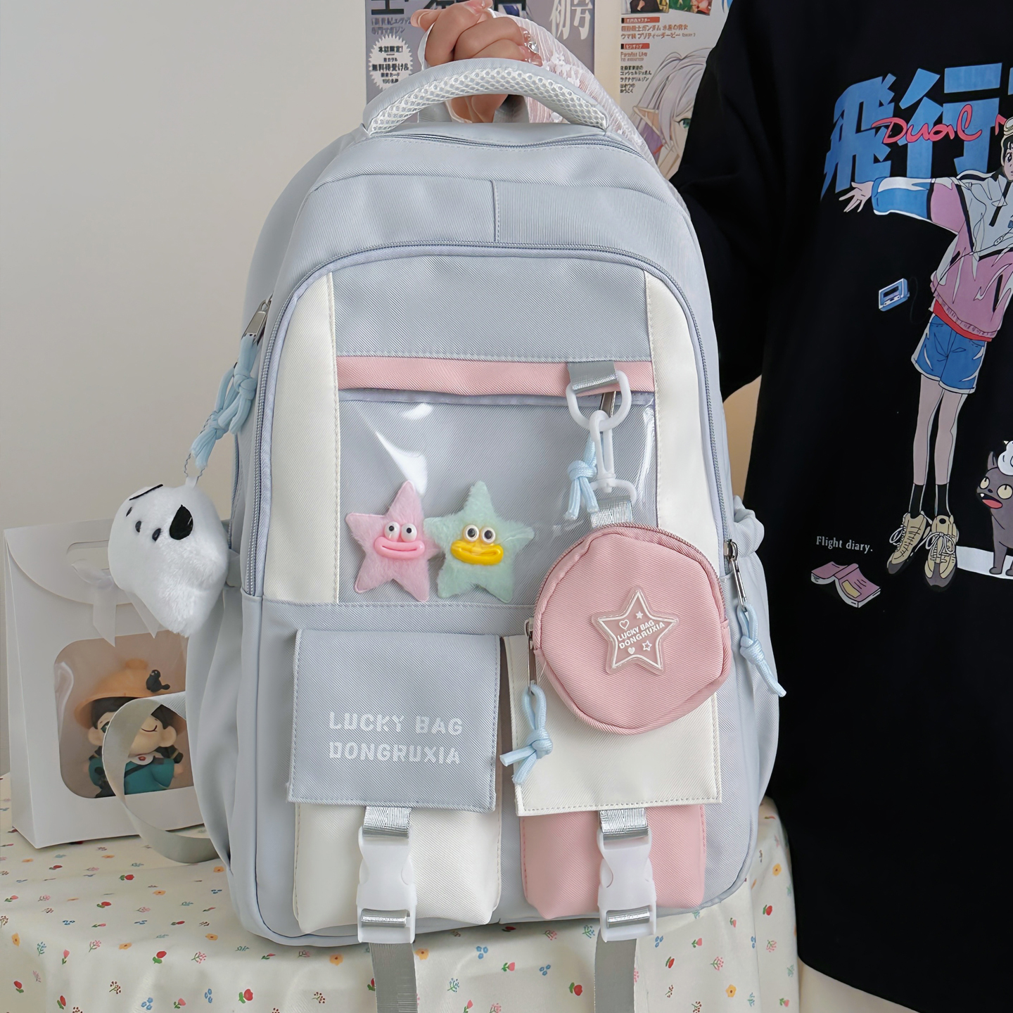 新品大容量宽肩带双肩包女五六年级书包女初高中学生痛包16寸背包