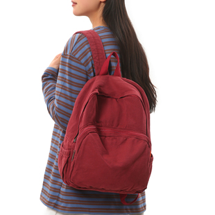 水洗帆布复古风双肩包女学生上课书包日系纯色百搭旅游小型背包女