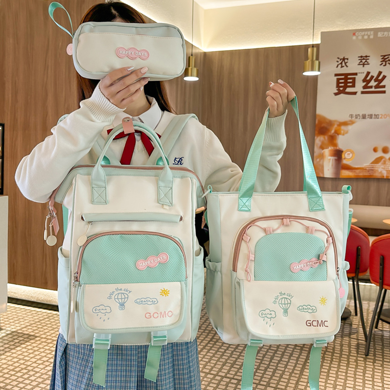 小学生三件套书包女童撞色双肩包三到六年级背包初中生电脑包补习