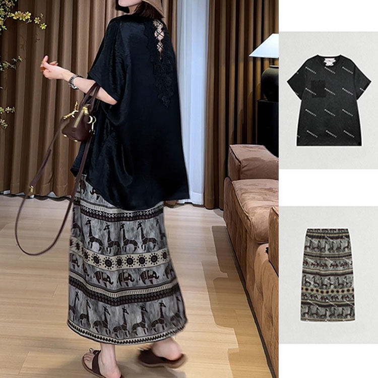 大码勾花镂空蕾丝拼接仿醋酸短袖T恤女夏季胖MM宽松显瘦气质上衣