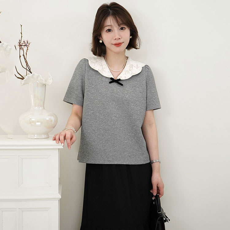 大码蕾丝拼接翻领烫钻短袖T恤女夏季胖mm显瘦遮肉高级感正肩上衣
