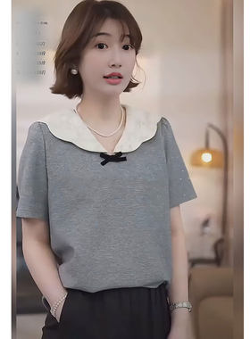 显瘦气质蝴蝶结烫钻短袖T恤大码