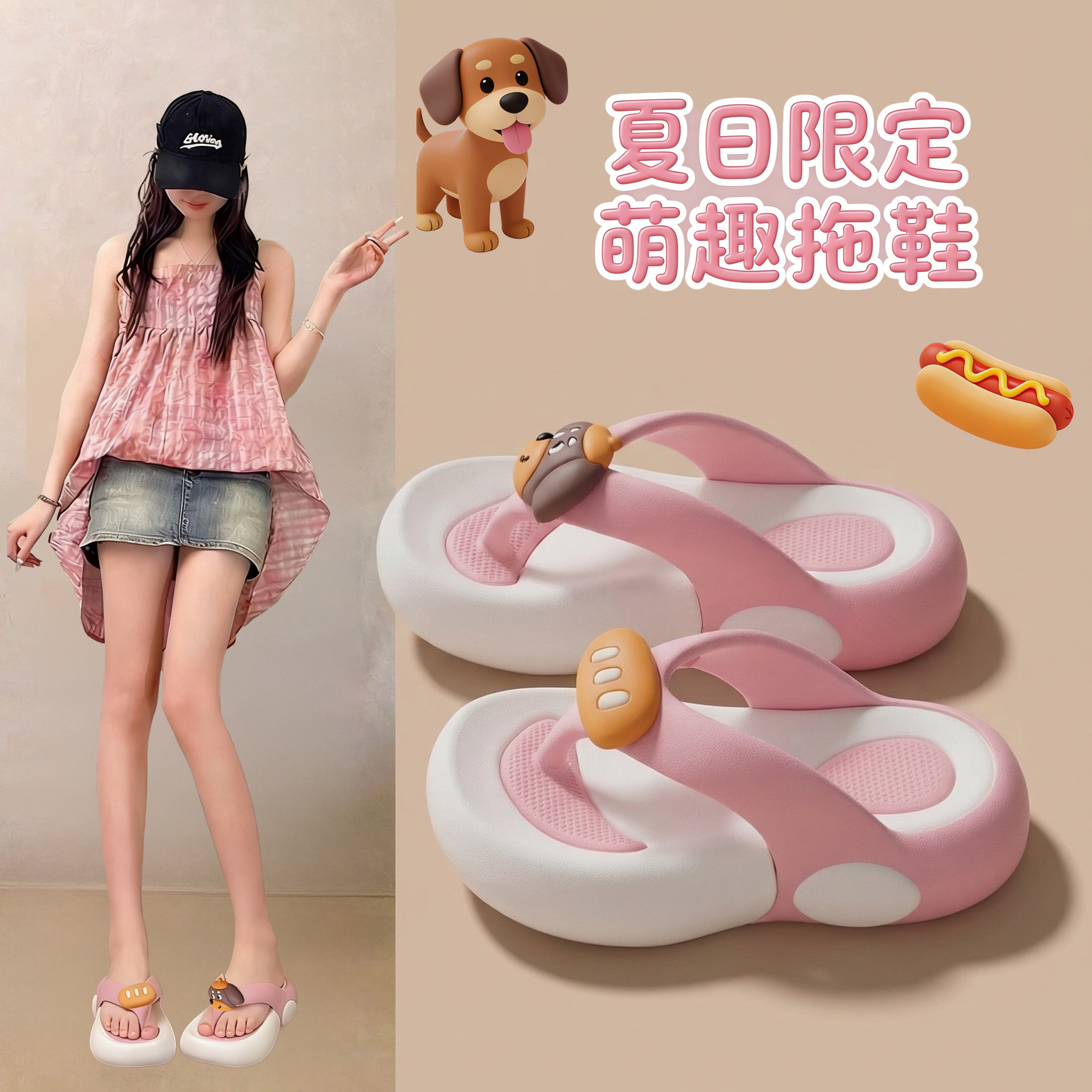 可爱热狗厚底人字拖女夏外穿2026新款室内防滑海边沙滩夹脚凉拖鞋