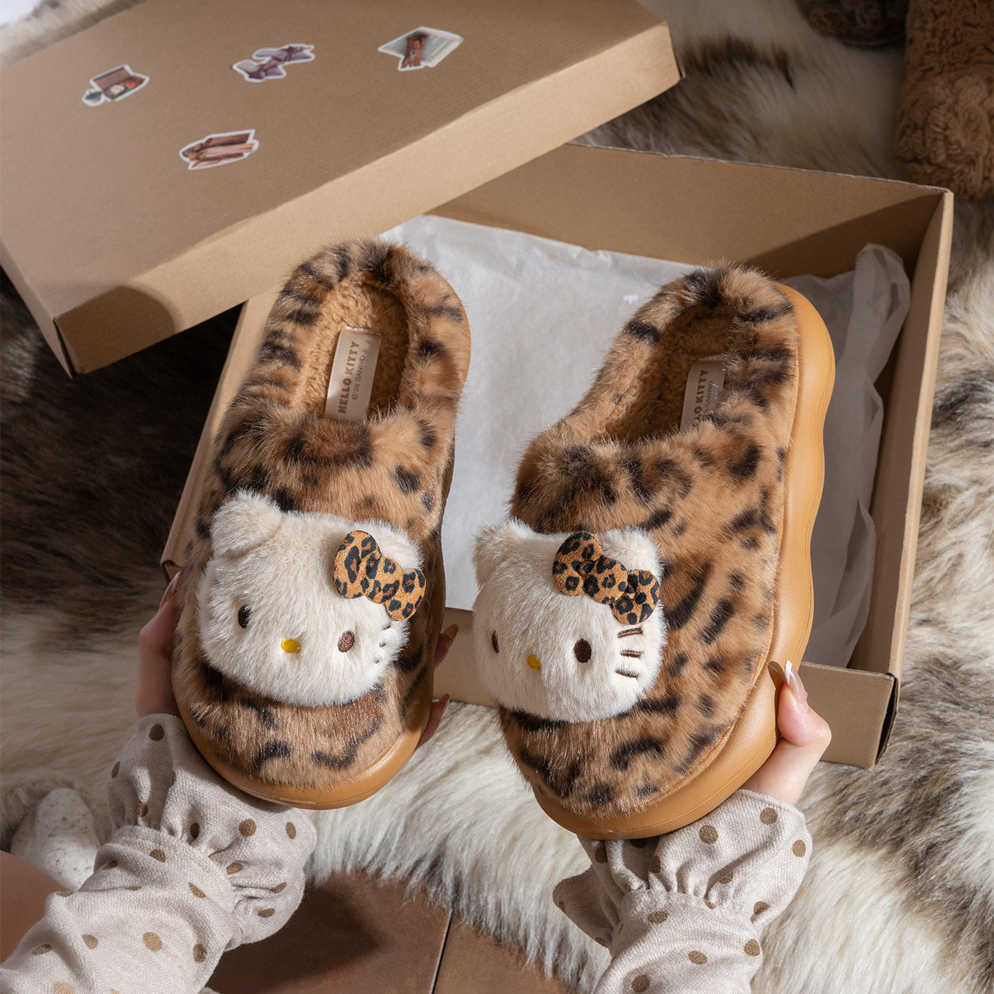 HelloKitty猫豹纹棉拖鞋女款2026新款秋冬季家居加绒保暖厚底棉拖