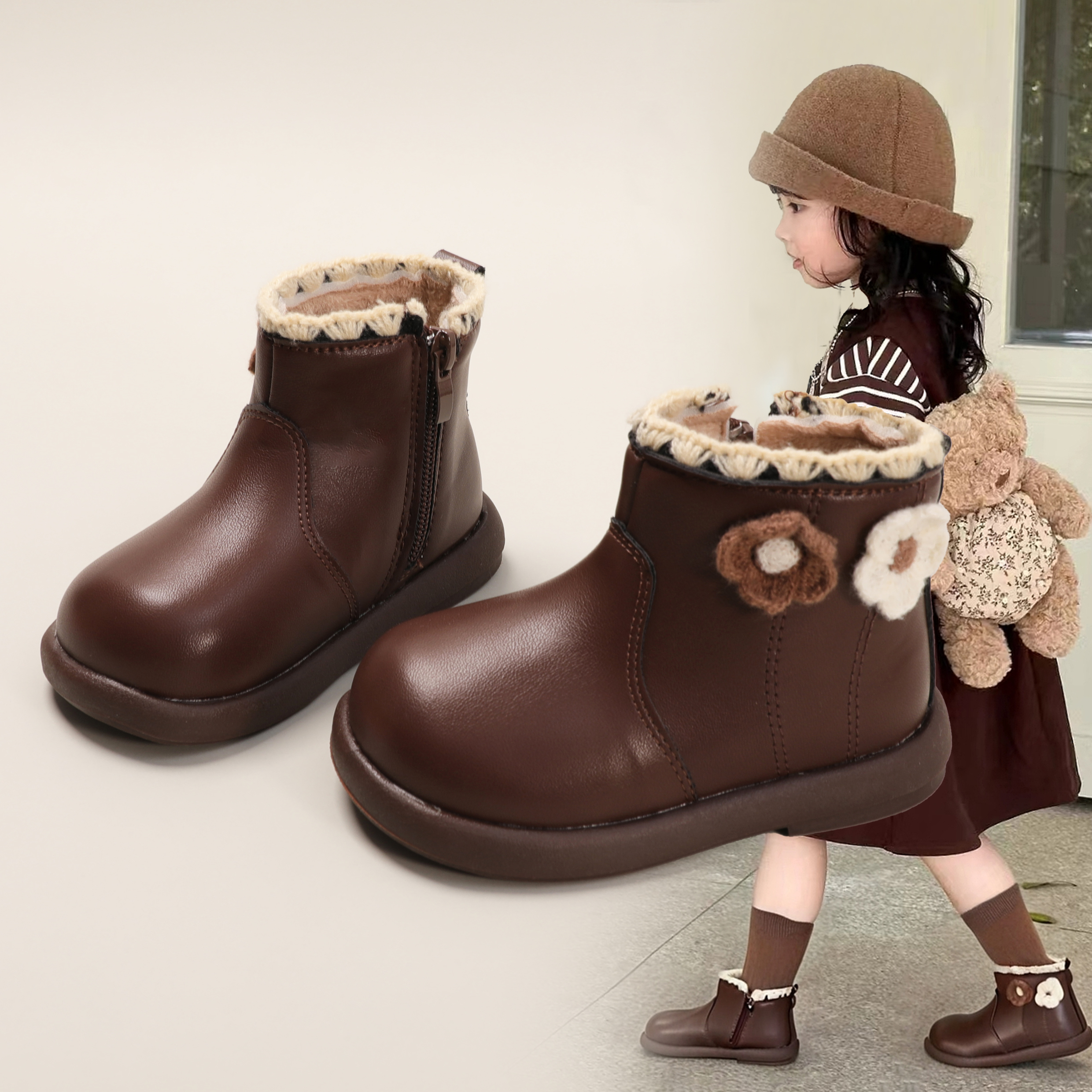 女童花朵公主雪地靴冬季加绒保暖
