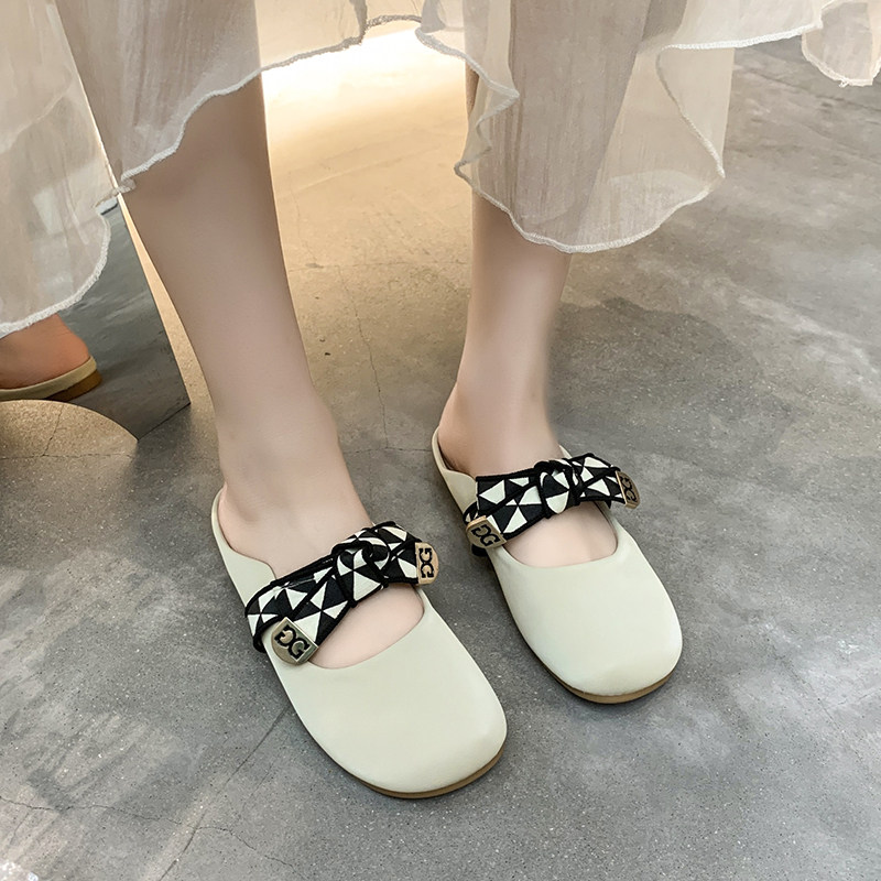 网红包头半拖鞋女2022年夏季新款外穿百搭蝴蝶结平底懒人穆勒鞋女