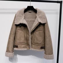 加绒加厚麂皮绒皮毛一体棉服翻领机车夹克 羊羔毛外套女冬新款 韩版