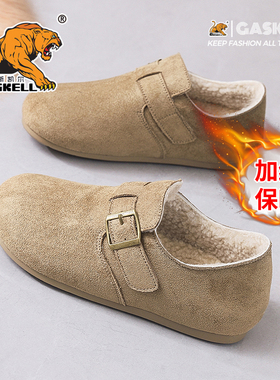 冬季加绒加厚勃肯鞋女圆头一脚蹬保暖厚底鞋平底复古增高休闲鞋子