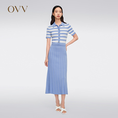 OVV2024春夏新款女装海军风条纹POLO领针织短袖连衣裙