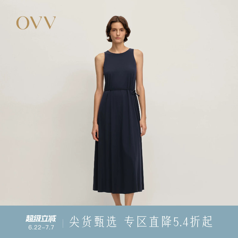 OVV秋冬新款女装亲肤顺滑舒适随附腰带无袖A字版连衣裙