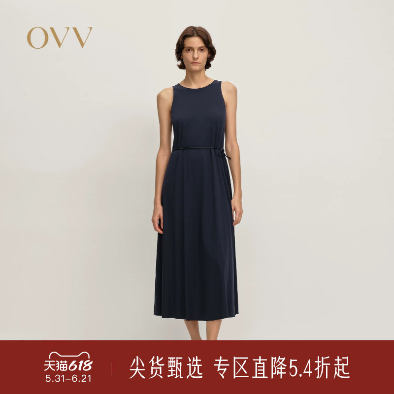 OVV秋冬新款女装亲肤顺滑舒适随附腰带无袖A字版连衣裙