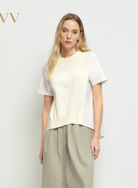 OVV2025春夏新款女装淡人针梭镶拼圆领设计舒适挺括短袖针织衫