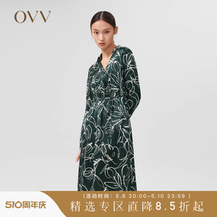 女装 爱情而已同款 OVV春夏热卖 桑蚕丝缎面绉印花抽褶连衣裙