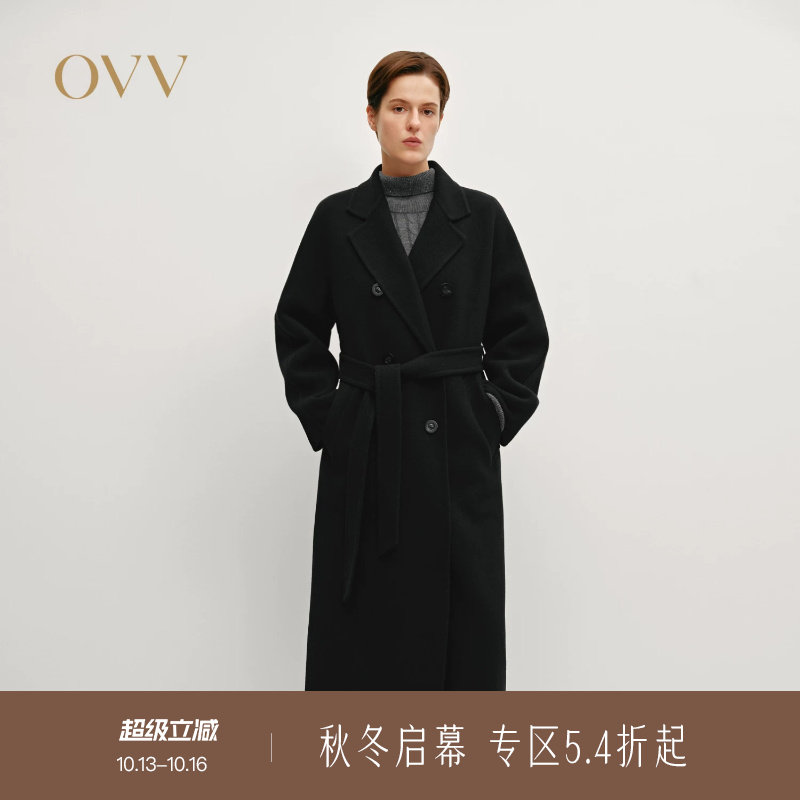 OVV秋冬热卖女装平驳领双排扣休闲通勤羊毛双面呢大衣