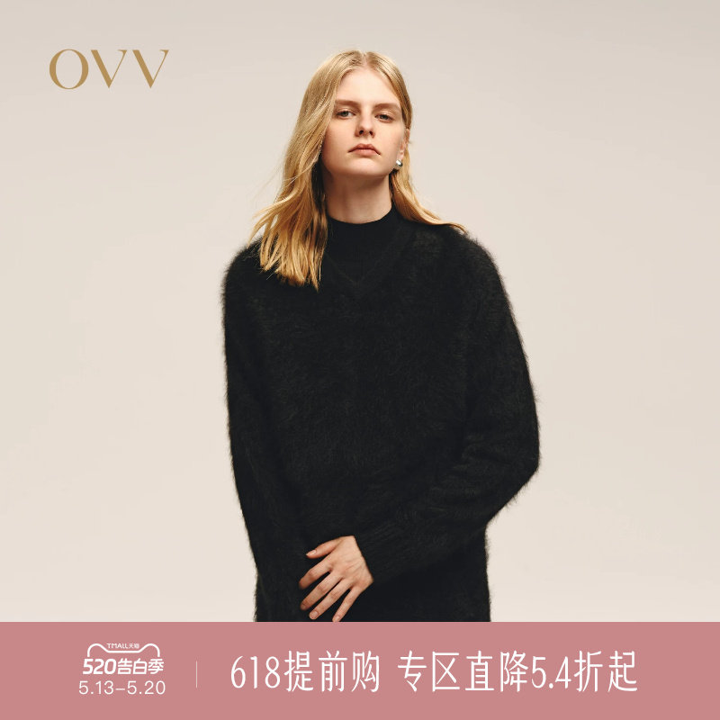 OVV秋冬新款女装优雅大气V领拉绒工艺长袖羊绒衫