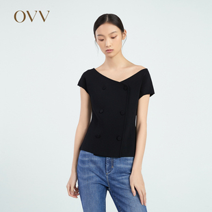 针织衫 优雅一字领收腰休闲通勤短袖 女装 OVV春夏热卖