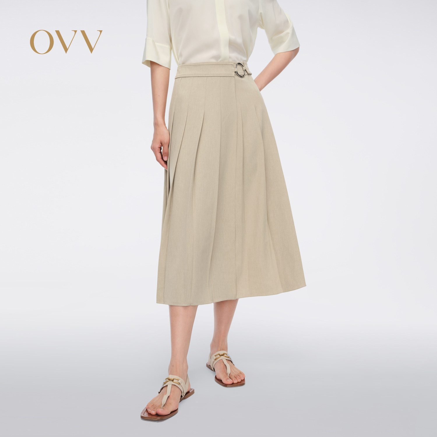 【呼呼专享】OVV春夏女装金属环点缀经典精致百褶A字半身裙