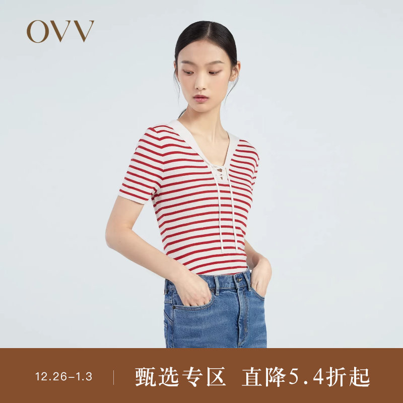 OVV春夏热卖女装桑蚕丝亚麻混纺系带海军风航海条纹短袖针织衫