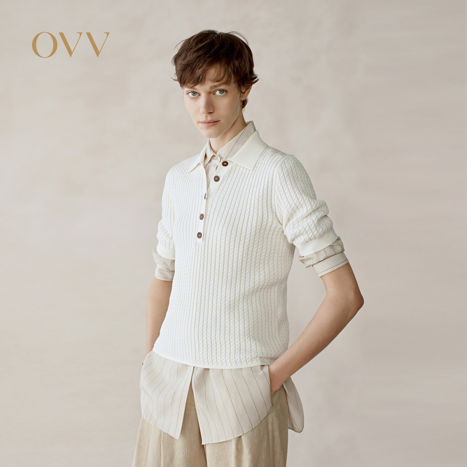 OVV春夏热卖女装淡人丝棉混纺优雅休闲POLO领短袖针织衫