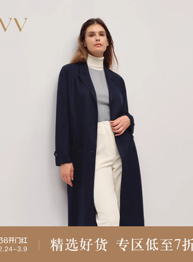 OVV2025秋冬新款女装精纺美丽诺羊毛双排扣西装领风衣