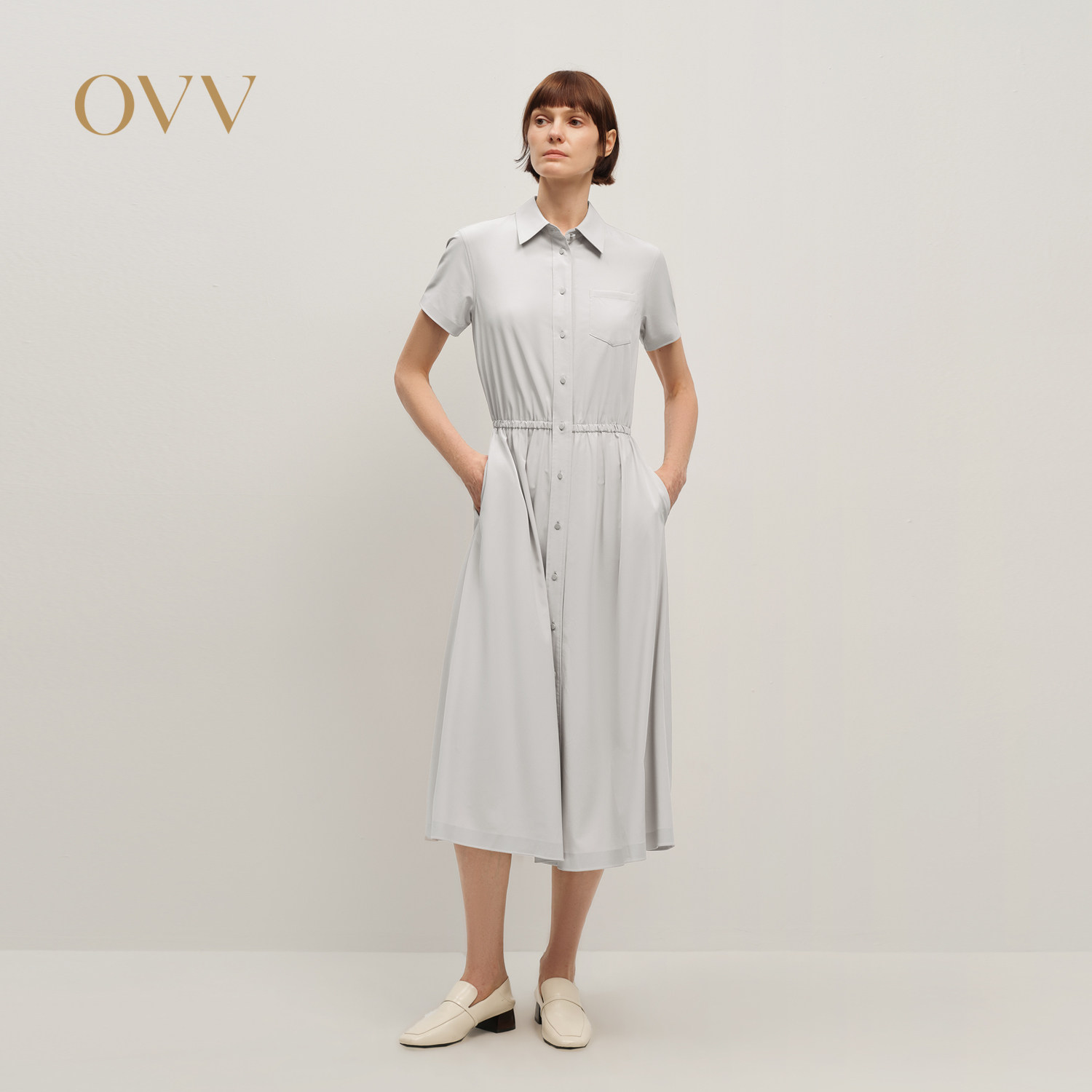 OVV2025秋冬新款女装简约小翻领收腰抽褶中长短袖连衣裙,女装/女士精品,连衣裙,淘宝优惠券,粉丝福利购,淘宝优惠卷