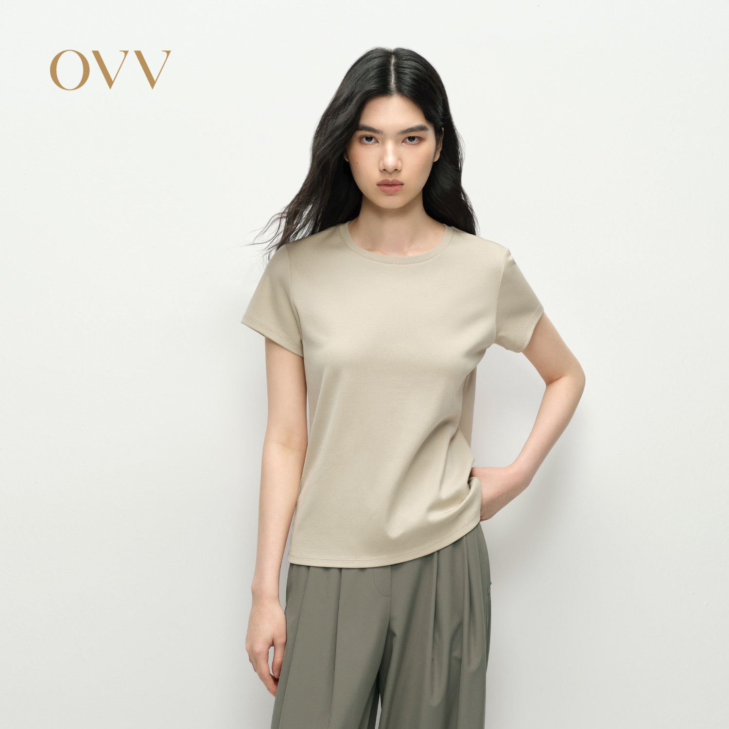 OVV2025春夏新款女装淡人舒适棉质基础简约圆领休闲短袖T恤