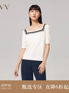 OVV秋冬女装真丝羊毛复古方领法式浪漫撞色短袖针织衫