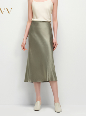 OVV2025春夏新款女装淡人醋酸面料斜纹缎面简约舒适直筒半身裙