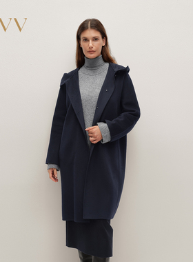 OVV2025秋冬新款女装茧型立领连帽羊毛混纺休闲长大衣