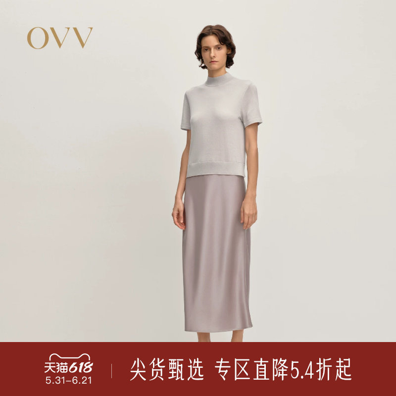 OVV秋冬新款女装针梭镶拼开衩设计假两件短袖连衣裙