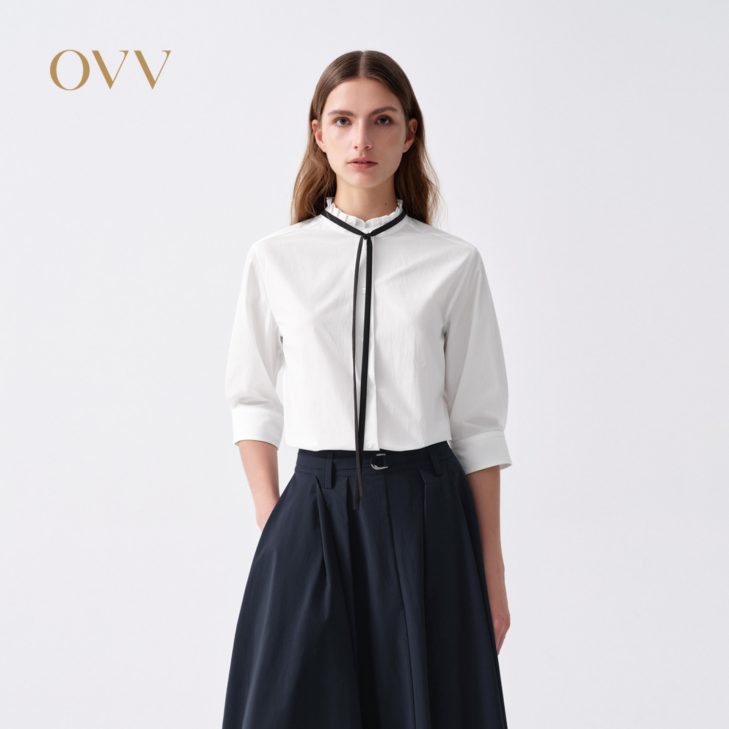 OVV2026春夏新款女装荷叶边立领飘带设计五分袖休闲衬衫